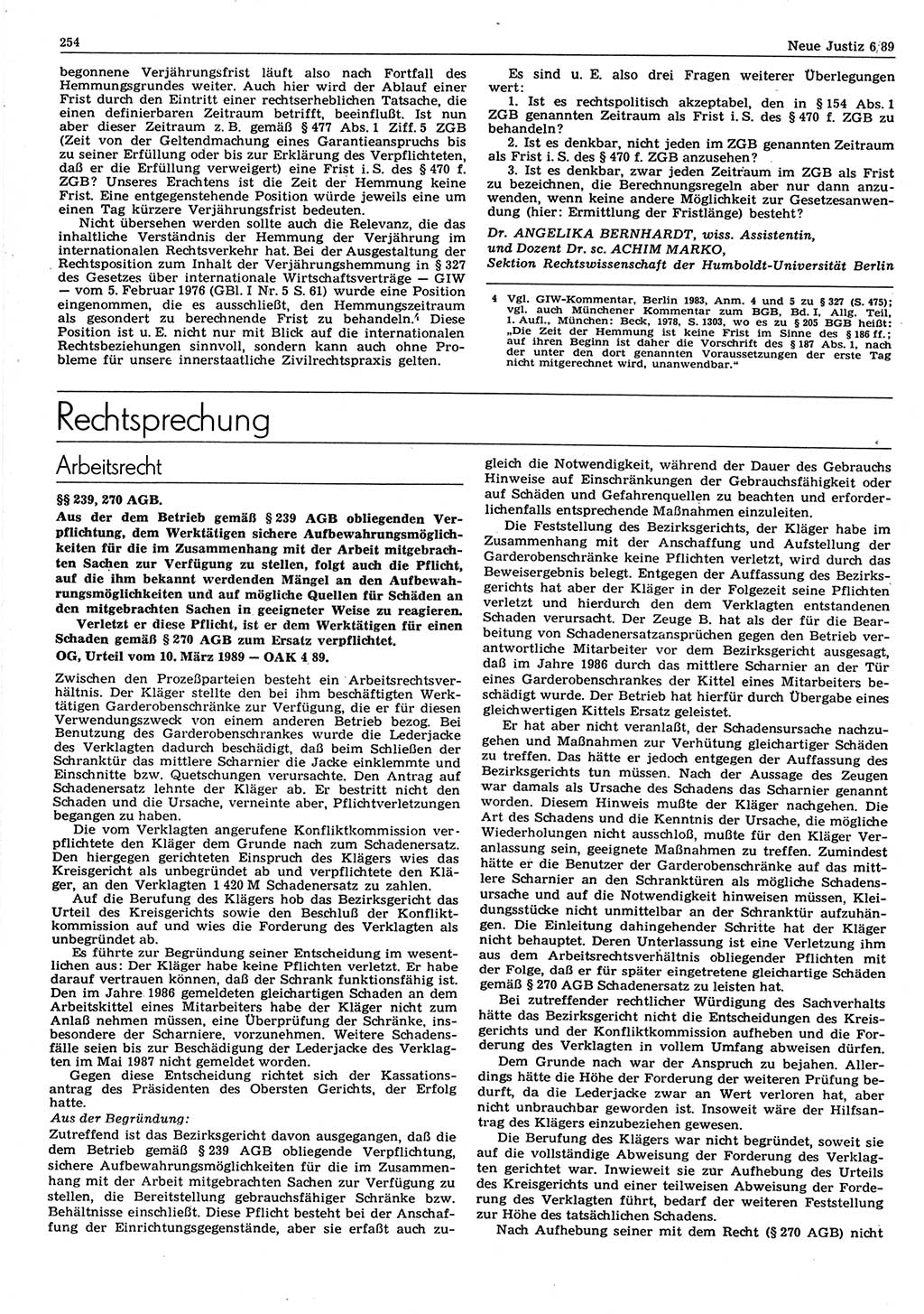 Neue Justiz (NJ), Zeitschrift für sozialistisches Recht und Gesetzlichkeit [Deutsche Demokratische Republik (DDR)], 43. Jahrgang 1989, Seite 254 (NJ DDR 1989, S. 254)