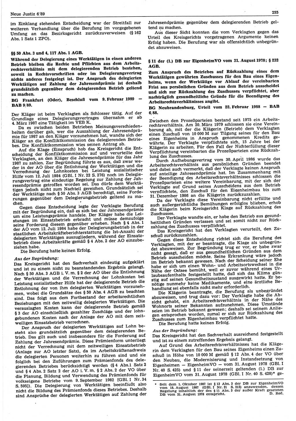 Neue Justiz (NJ), Zeitschrift für sozialistisches Recht und Gesetzlichkeit [Deutsche Demokratische Republik (DDR)], 43. Jahrgang 1989, Seite 255 (NJ DDR 1989, S. 255)