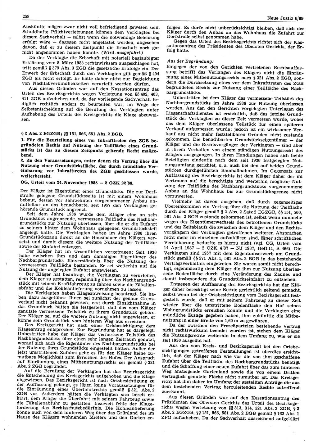 Neue Justiz (NJ), Zeitschrift für sozialistisches Recht und Gesetzlichkeit [Deutsche Demokratische Republik (DDR)], 43. Jahrgang 1989, Seite 258 (NJ DDR 1989, S. 258)