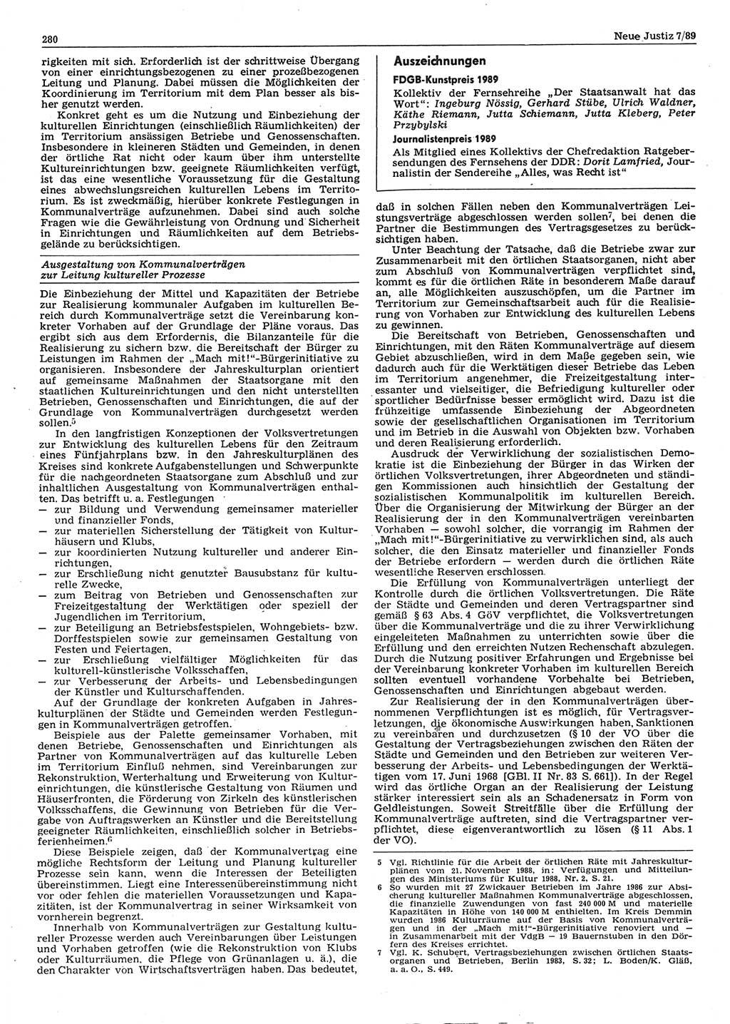 Neue Justiz (NJ), Zeitschrift für sozialistisches Recht und Gesetzlichkeit [Deutsche Demokratische Republik (DDR)], 43. Jahrgang 1989, Seite 280 (NJ DDR 1989, S. 280)