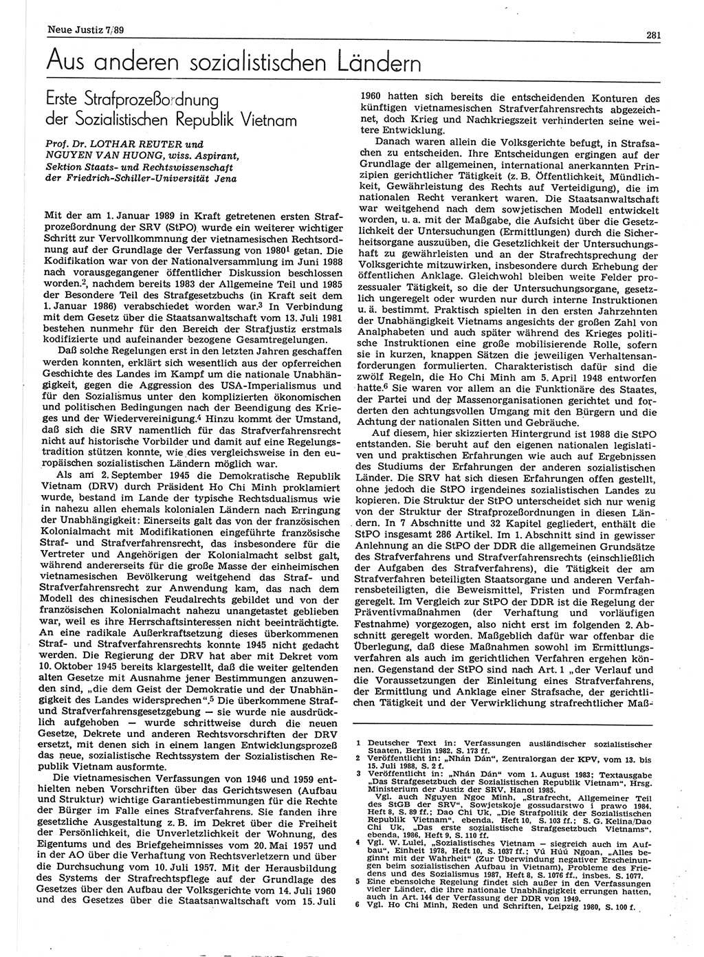 Neue Justiz (NJ), Zeitschrift für sozialistisches Recht und Gesetzlichkeit [Deutsche Demokratische Republik (DDR)], 43. Jahrgang 1989, Seite 281 (NJ DDR 1989, S. 281)