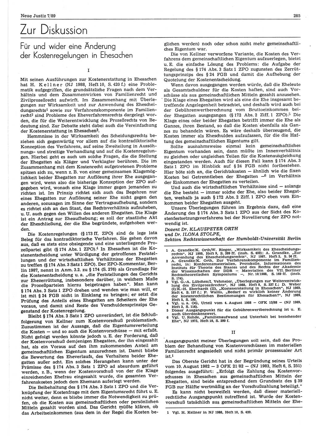 Neue Justiz (NJ), Zeitschrift für sozialistisches Recht und Gesetzlichkeit [Deutsche Demokratische Republik (DDR)], 43. Jahrgang 1989, Seite 285 (NJ DDR 1989, S. 285)
