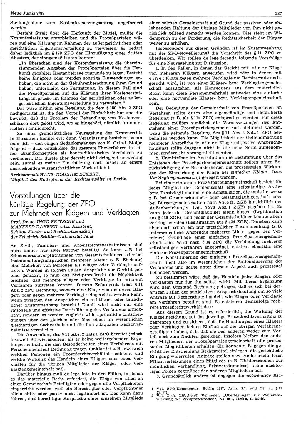 Neue Justiz (NJ), Zeitschrift für sozialistisches Recht und Gesetzlichkeit [Deutsche Demokratische Republik (DDR)], 43. Jahrgang 1989, Seite 287 (NJ DDR 1989, S. 287)