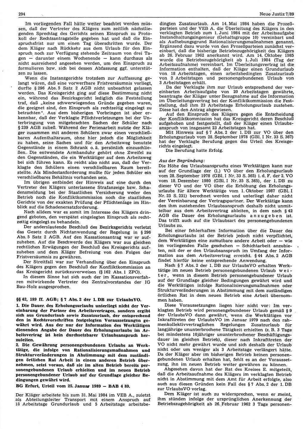 Neue Justiz (NJ), Zeitschrift für sozialistisches Recht und Gesetzlichkeit [Deutsche Demokratische Republik (DDR)], 43. Jahrgang 1989, Seite 294 (NJ DDR 1989, S. 294)