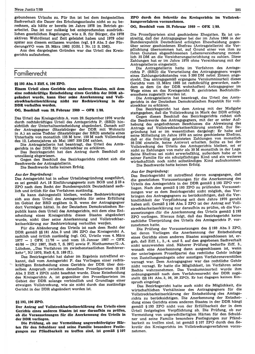 Neue Justiz (NJ), Zeitschrift für sozialistisches Recht und Gesetzlichkeit [Deutsche Demokratische Republik (DDR)], 43. Jahrgang 1989, Seite 295 (NJ DDR 1989, S. 295)