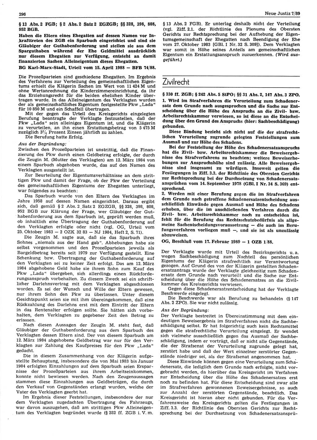 Neue Justiz (NJ), Zeitschrift für sozialistisches Recht und Gesetzlichkeit [Deutsche Demokratische Republik (DDR)], 43. Jahrgang 1989, Seite 296 (NJ DDR 1989, S. 296)