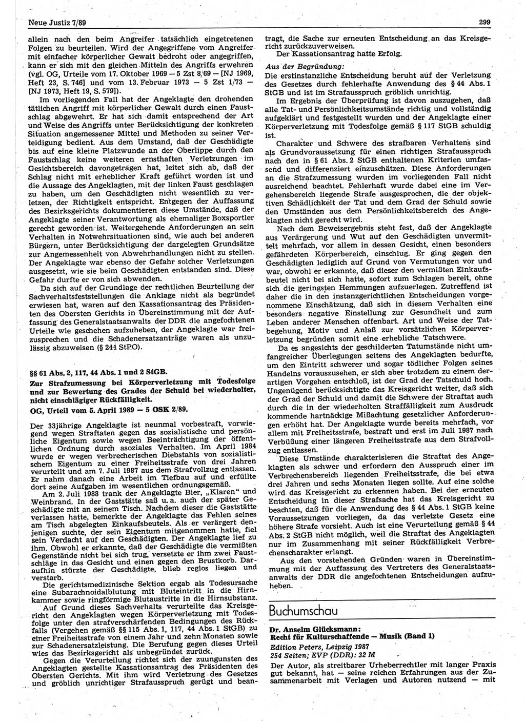 Neue Justiz (NJ), Zeitschrift für sozialistisches Recht und Gesetzlichkeit [Deutsche Demokratische Republik (DDR)], 43. Jahrgang 1989, Seite 299 (NJ DDR 1989, S. 299)
