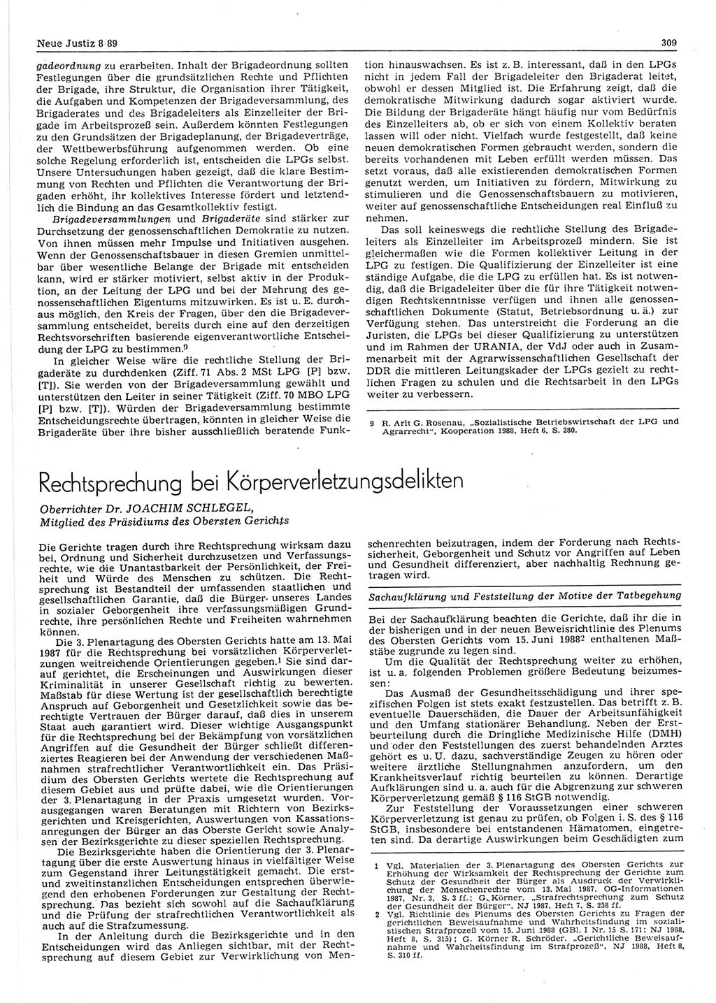 Neue Justiz (NJ), Zeitschrift für sozialistisches Recht und Gesetzlichkeit [Deutsche Demokratische Republik (DDR)], 43. Jahrgang 1989, Seite 309 (NJ DDR 1989, S. 309)