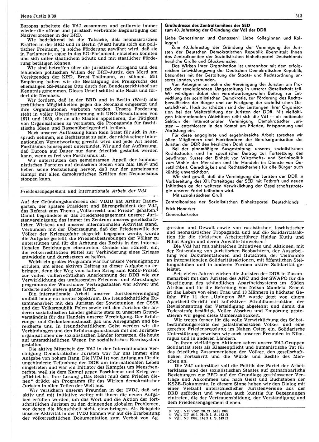 Neue Justiz (NJ), Zeitschrift für sozialistisches Recht und Gesetzlichkeit [Deutsche Demokratische Republik (DDR)], 43. Jahrgang 1989, Seite 313 (NJ DDR 1989, S. 313)