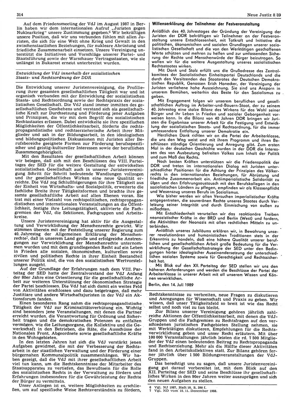 Neue Justiz (NJ), Zeitschrift für sozialistisches Recht und Gesetzlichkeit [Deutsche Demokratische Republik (DDR)], 43. Jahrgang 1989, Seite 314 (NJ DDR 1989, S. 314)