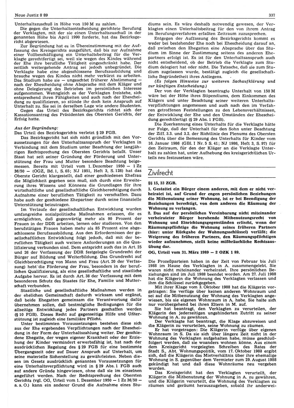Neue Justiz (NJ), Zeitschrift für sozialistisches Recht und Gesetzlichkeit [Deutsche Demokratische Republik (DDR)], 43. Jahrgang 1989, Seite 337 (NJ DDR 1989, S. 337)