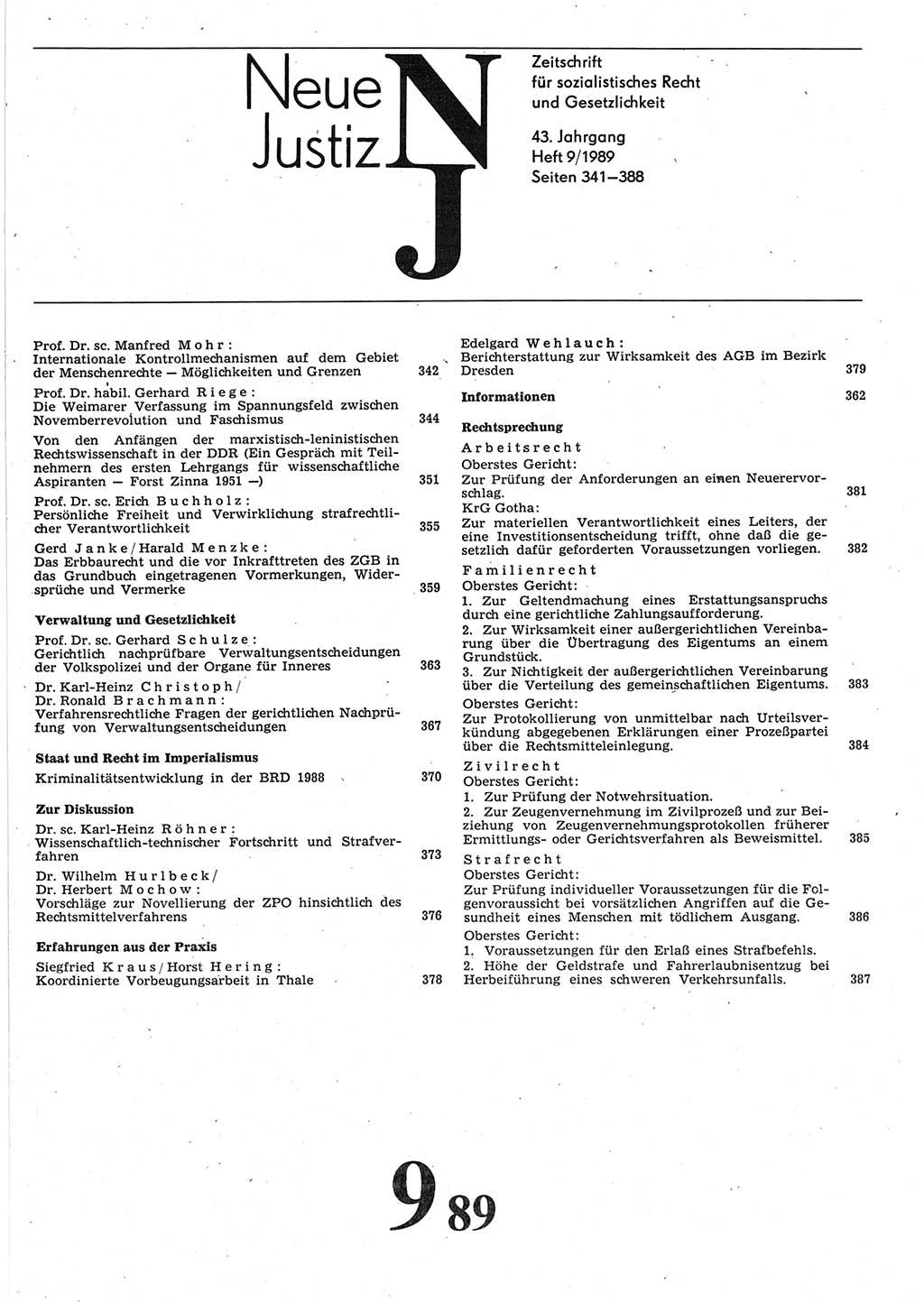 Neue Justiz (NJ), Zeitschrift für sozialistisches Recht und Gesetzlichkeit [Deutsche Demokratische Republik (DDR)], 43. Jahrgang 1989, Seite 341 (NJ DDR 1989, S. 341)
