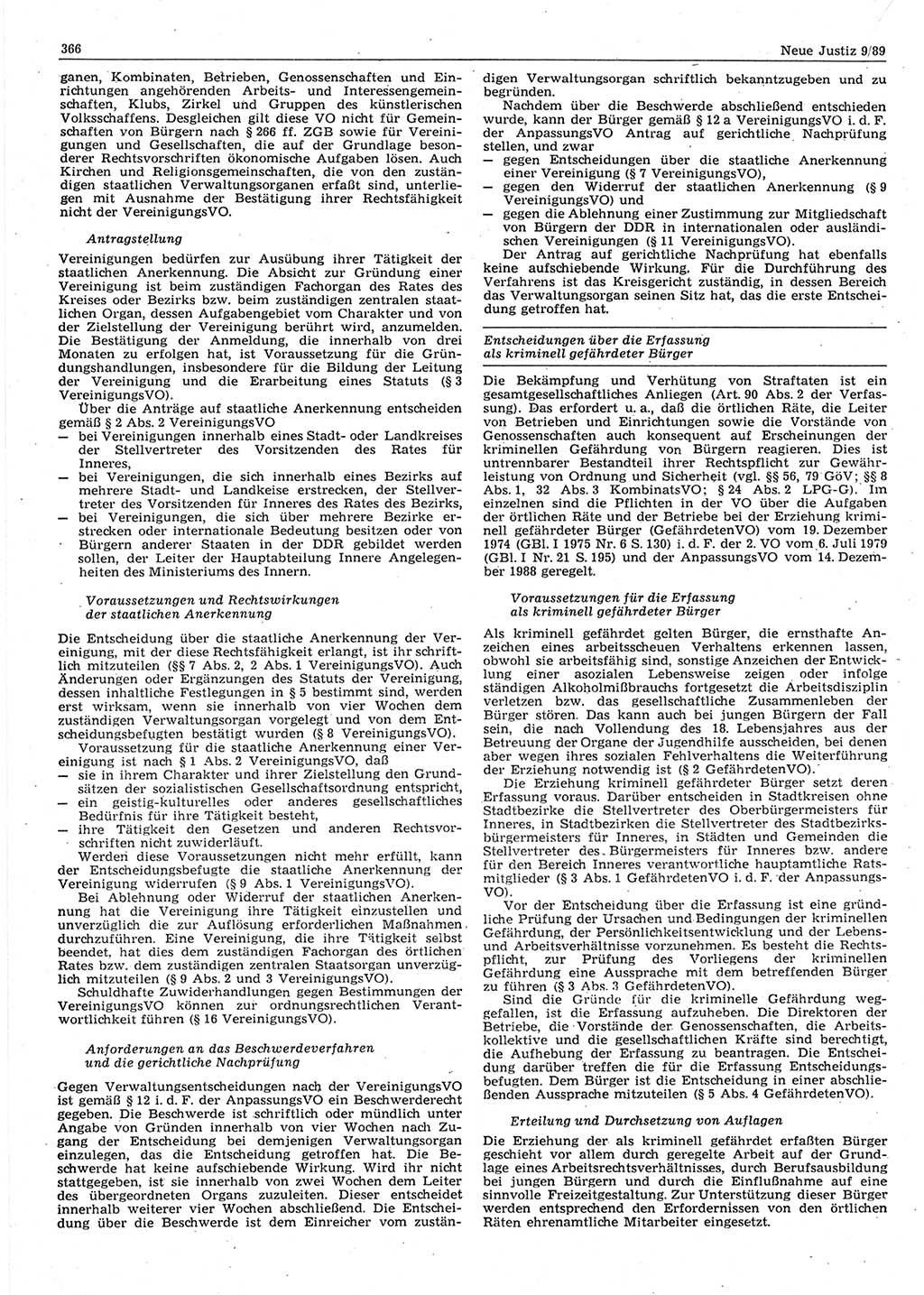 Neue Justiz (NJ), Zeitschrift für sozialistisches Recht und Gesetzlichkeit [Deutsche Demokratische Republik (DDR)], 43. Jahrgang 1989, Seite 366 (NJ DDR 1989, S. 366)