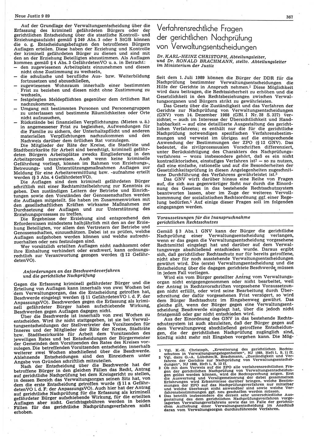 Neue Justiz (NJ), Zeitschrift für sozialistisches Recht und Gesetzlichkeit [Deutsche Demokratische Republik (DDR)], 43. Jahrgang 1989, Seite 367 (NJ DDR 1989, S. 367)