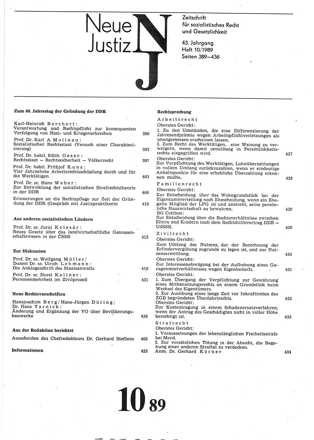 Neue Justiz (NJ), Zeitschrift für sozialistisches Recht und Gesetzlichkeit [Deutsche Demokratische Republik (DDR)], 43. Jahrgang 1989, Seite 389 (NJ DDR 1989, S. 389)