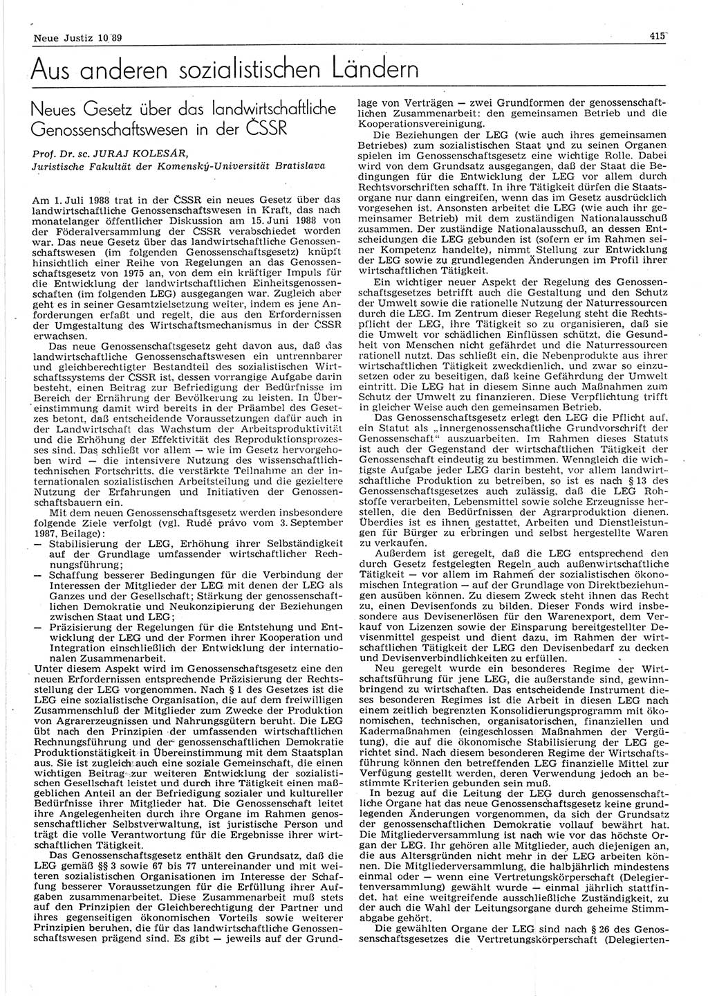 Neue Justiz (NJ), Zeitschrift für sozialistisches Recht und Gesetzlichkeit [Deutsche Demokratische Republik (DDR)], 43. Jahrgang 1989, Seite 415 (NJ DDR 1989, S. 415)
