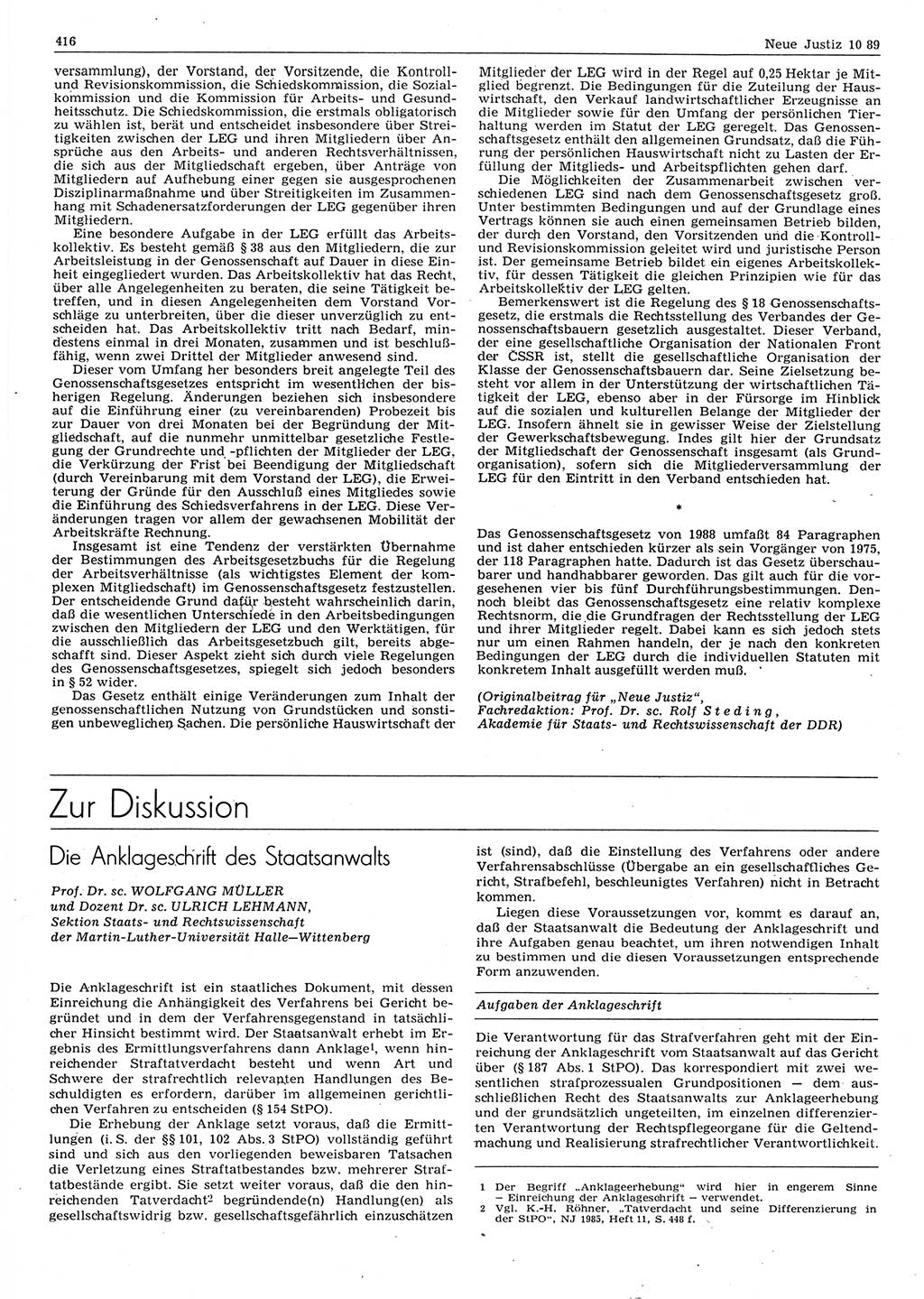 Neue Justiz (NJ), Zeitschrift für sozialistisches Recht und Gesetzlichkeit [Deutsche Demokratische Republik (DDR)], 43. Jahrgang 1989, Seite 416 (NJ DDR 1989, S. 416)
