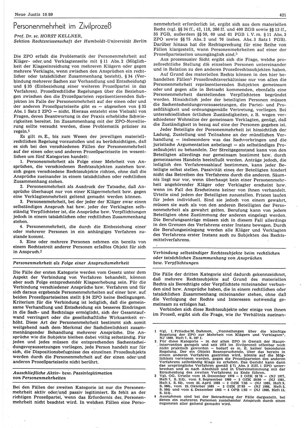 Neue Justiz (NJ), Zeitschrift für sozialistisches Recht und Gesetzlichkeit [Deutsche Demokratische Republik (DDR)], 43. Jahrgang 1989, Seite 421 (NJ DDR 1989, S. 421)