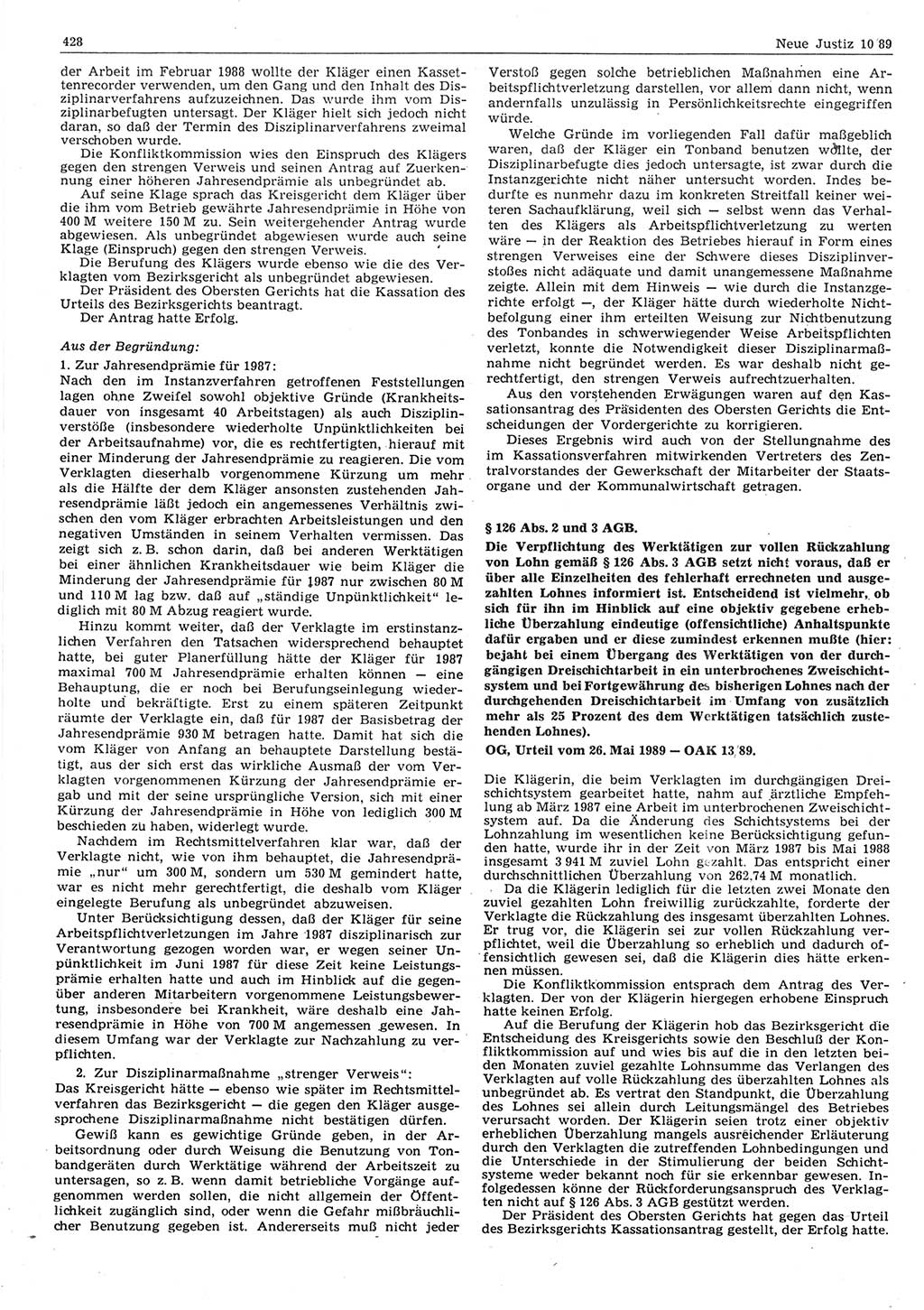 Neue Justiz (NJ), Zeitschrift für sozialistisches Recht und Gesetzlichkeit [Deutsche Demokratische Republik (DDR)], 43. Jahrgang 1989, Seite 428 (NJ DDR 1989, S. 428)