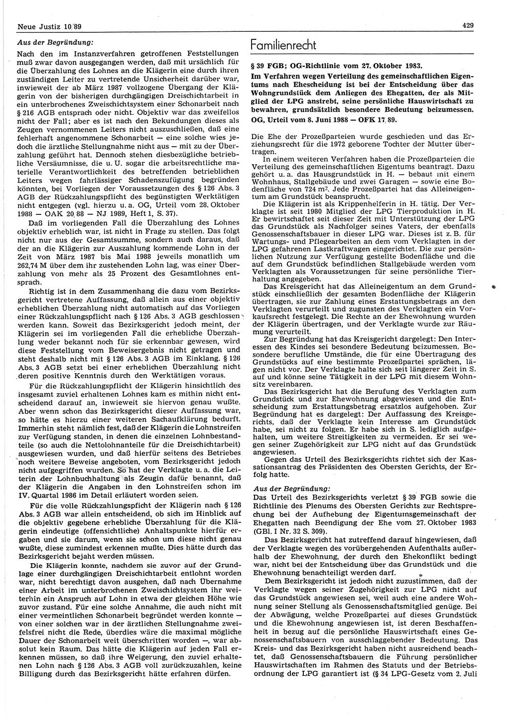 Neue Justiz (NJ), Zeitschrift für sozialistisches Recht und Gesetzlichkeit [Deutsche Demokratische Republik (DDR)], 43. Jahrgang 1989, Seite 429 (NJ DDR 1989, S. 429)