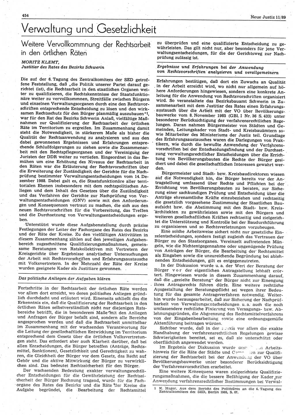 Neue Justiz (NJ), Zeitschrift für sozialistisches Recht und Gesetzlichkeit [Deutsche Demokratische Republik (DDR)], 43. Jahrgang 1989, Seite 454 (NJ DDR 1989, S. 454)