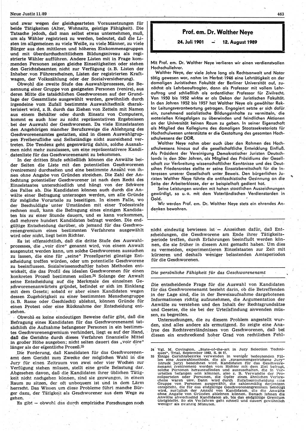 Neue Justiz (NJ), Zeitschrift für sozialistisches Recht und Gesetzlichkeit [Deutsche Demokratische Republik (DDR)], 43. Jahrgang 1989, Seite 463 (NJ DDR 1989, S. 463)