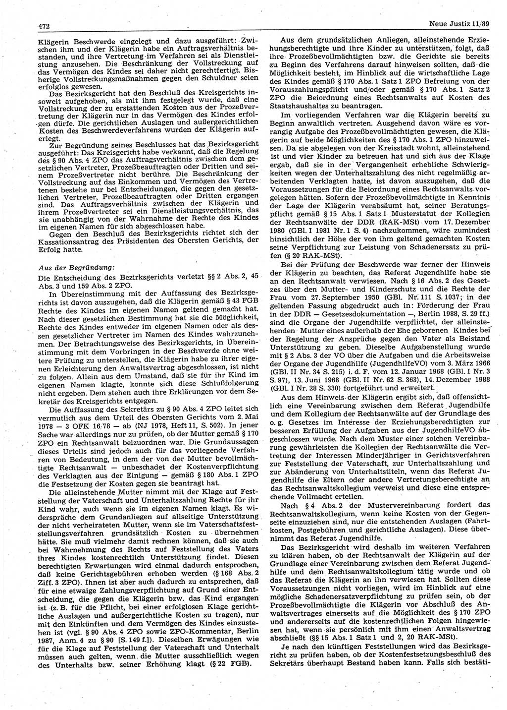 Neue Justiz (NJ), Zeitschrift für sozialistisches Recht und Gesetzlichkeit [Deutsche Demokratische Republik (DDR)], 43. Jahrgang 1989, Seite 472 (NJ DDR 1989, S. 472)
