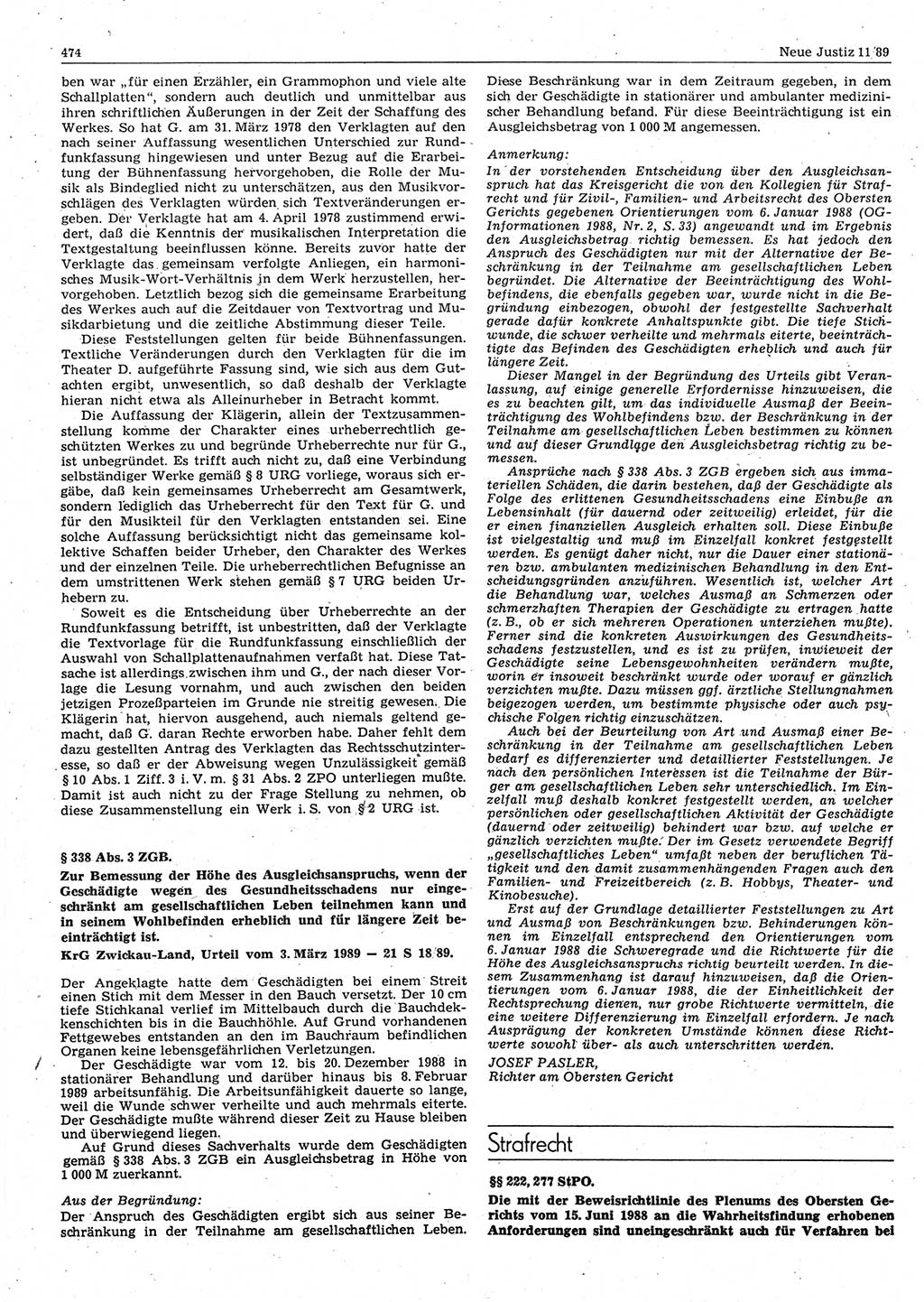 Neue Justiz (NJ), Zeitschrift für sozialistisches Recht und Gesetzlichkeit [Deutsche Demokratische Republik (DDR)], 43. Jahrgang 1989, Seite 474 (NJ DDR 1989, S. 474)
