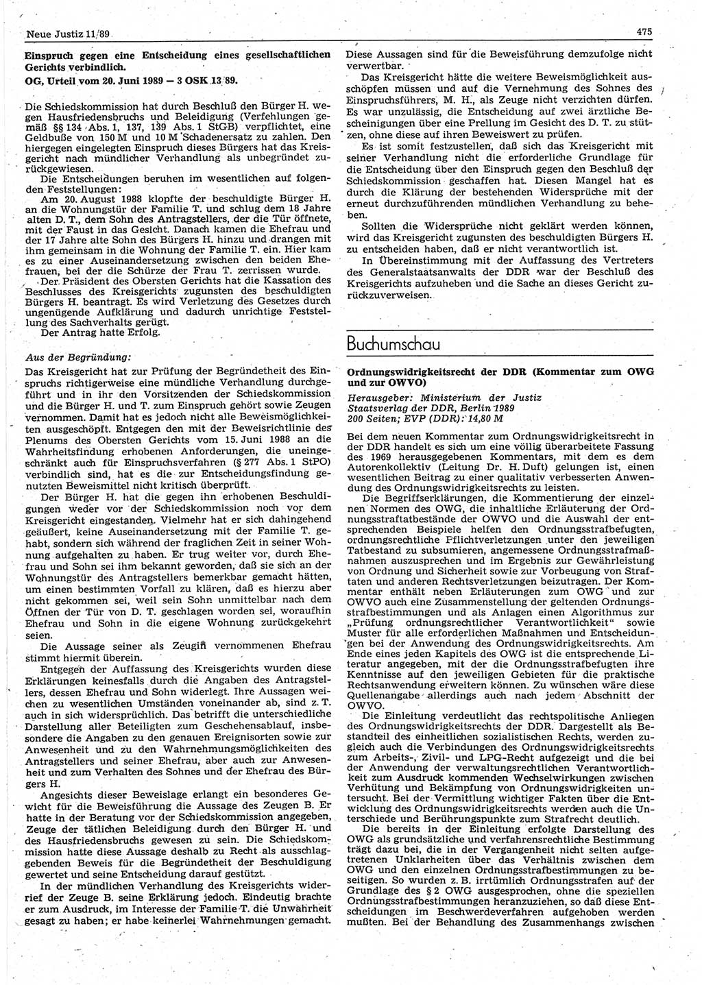 Neue Justiz (NJ), Zeitschrift für sozialistisches Recht und Gesetzlichkeit [Deutsche Demokratische Republik (DDR)], 43. Jahrgang 1989, Seite 475 (NJ DDR 1989, S. 475)