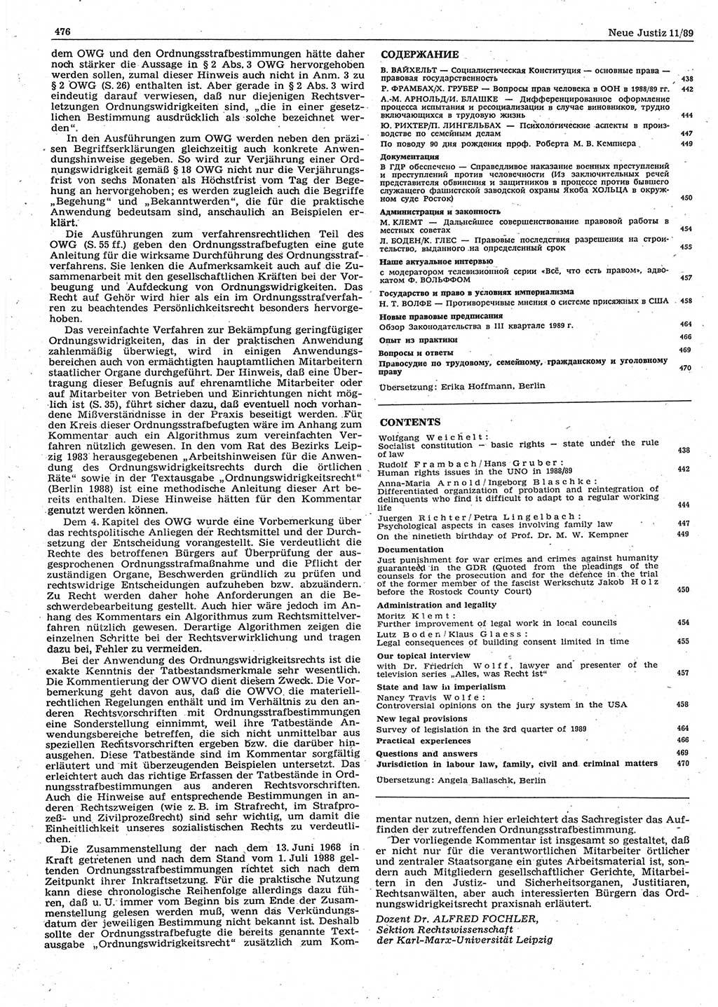 Neue Justiz (NJ), Zeitschrift für sozialistisches Recht und Gesetzlichkeit [Deutsche Demokratische Republik (DDR)], 43. Jahrgang 1989, Seite 476 (NJ DDR 1989, S. 476)