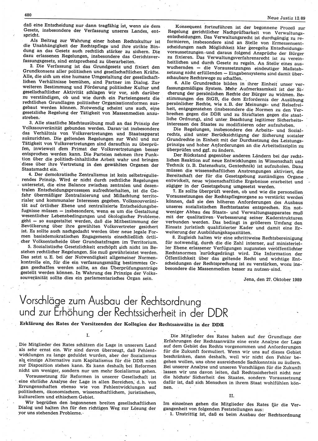Neue Justiz (NJ), Zeitschrift für sozialistisches Recht und Gesetzlichkeit [Deutsche Demokratische Republik (DDR)], 43. Jahrgang 1989, Seite 480 (NJ DDR 1989, S. 480)