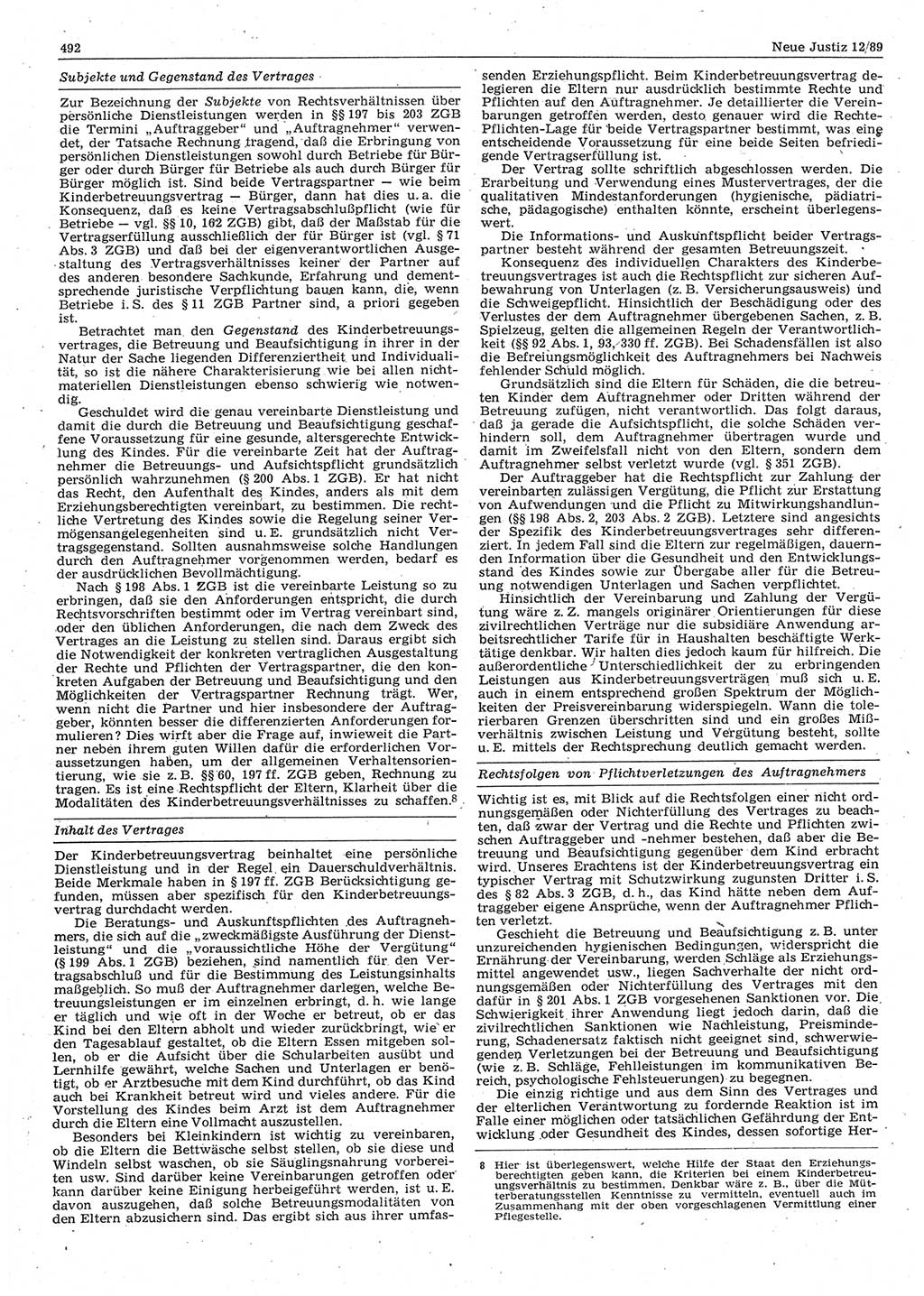 Neue Justiz (NJ), Zeitschrift für sozialistisches Recht und Gesetzlichkeit [Deutsche Demokratische Republik (DDR)], 43. Jahrgang 1989, Seite 492 (NJ DDR 1989, S. 492)
