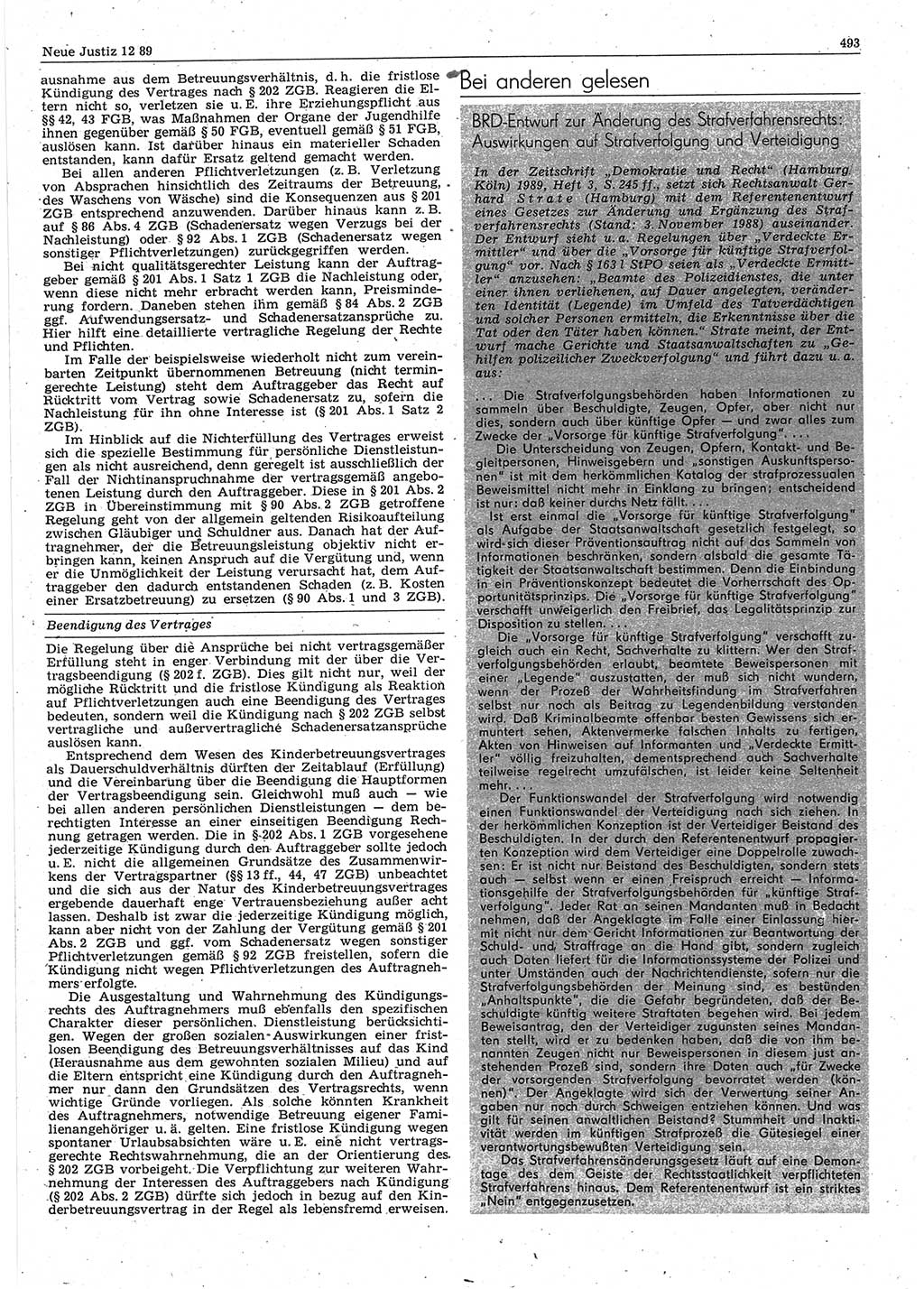 Neue Justiz (NJ), Zeitschrift für sozialistisches Recht und Gesetzlichkeit [Deutsche Demokratische Republik (DDR)], 43. Jahrgang 1989, Seite 493 (NJ DDR 1989, S. 493)