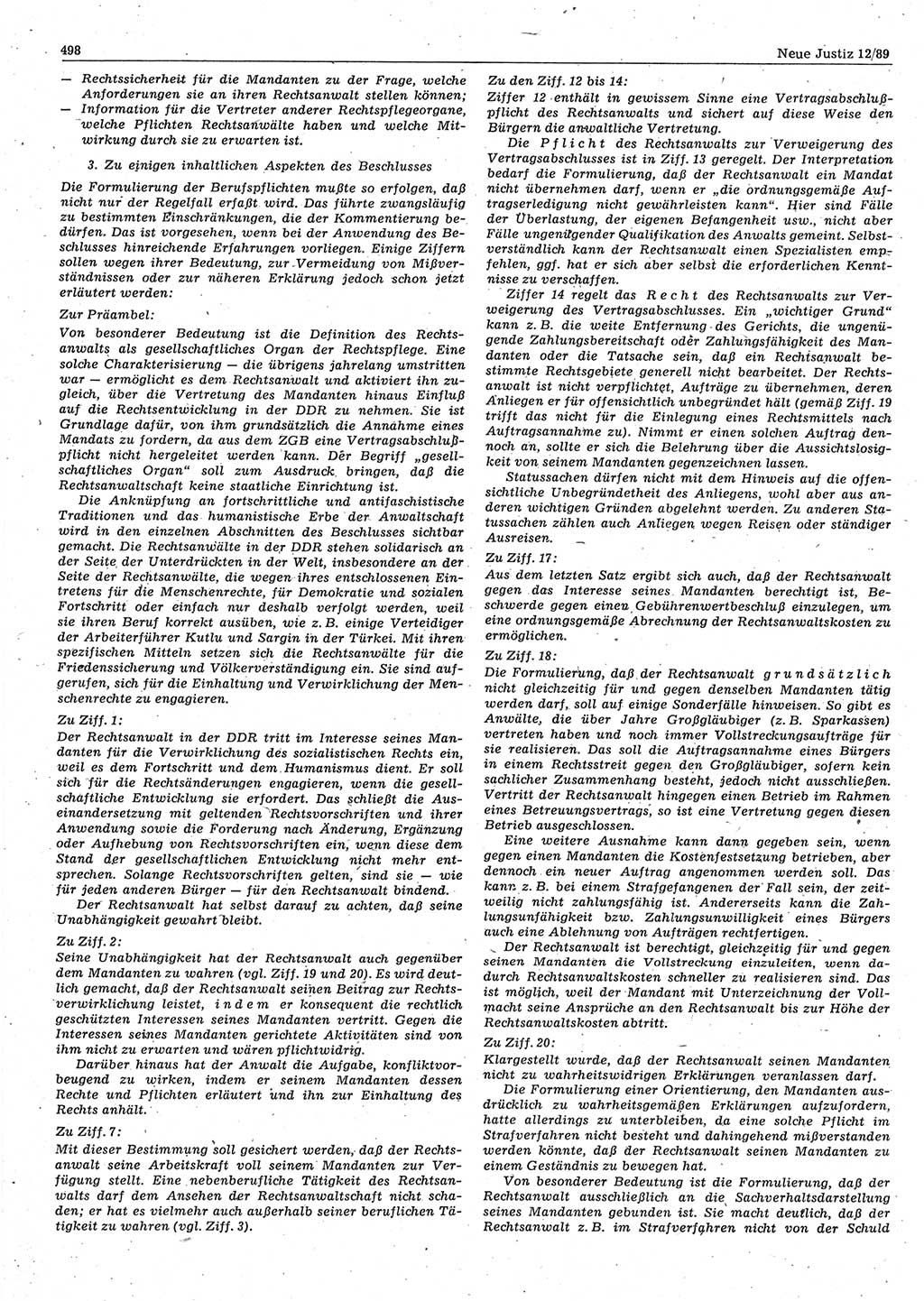 Neue Justiz (NJ), Zeitschrift für sozialistisches Recht und Gesetzlichkeit [Deutsche Demokratische Republik (DDR)], 43. Jahrgang 1989, Seite 498 (NJ DDR 1989, S. 498)