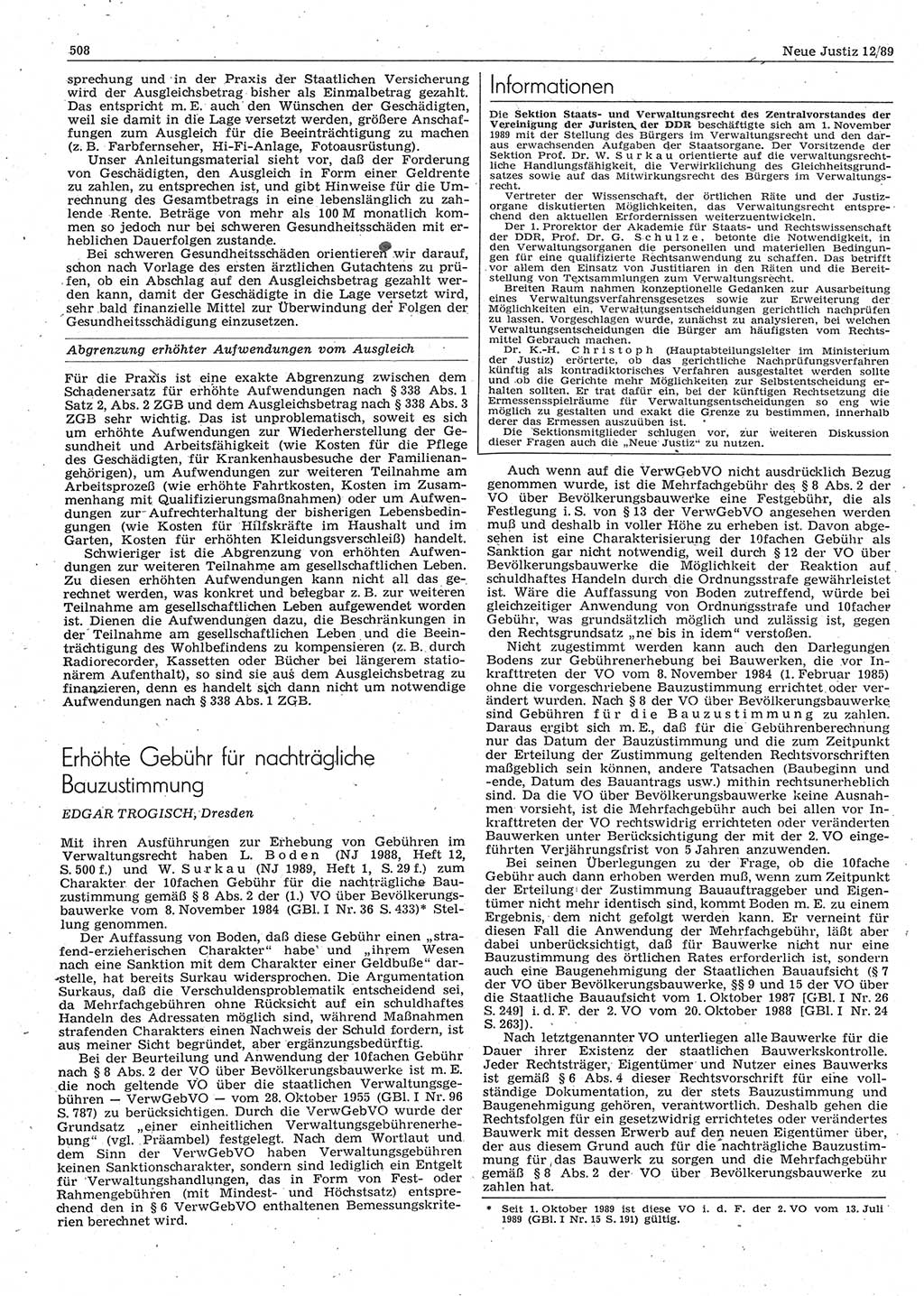 Neue Justiz (NJ), Zeitschrift für sozialistisches Recht und Gesetzlichkeit [Deutsche Demokratische Republik (DDR)], 43. Jahrgang 1989, Seite 508 (NJ DDR 1989, S. 508)