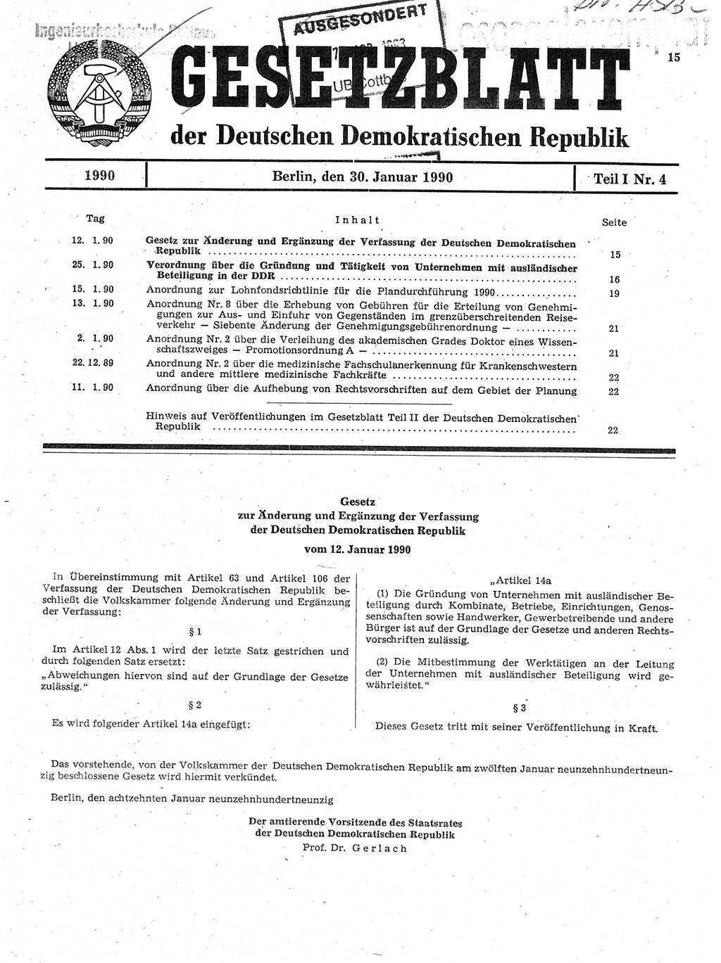 Gesetzblatt (GBl.) der Deutschen Demokratischen Republik (DDR) Teil Ⅰ 1990, Seite 15 (GBl. DDR Ⅰ 1990, S. 15)