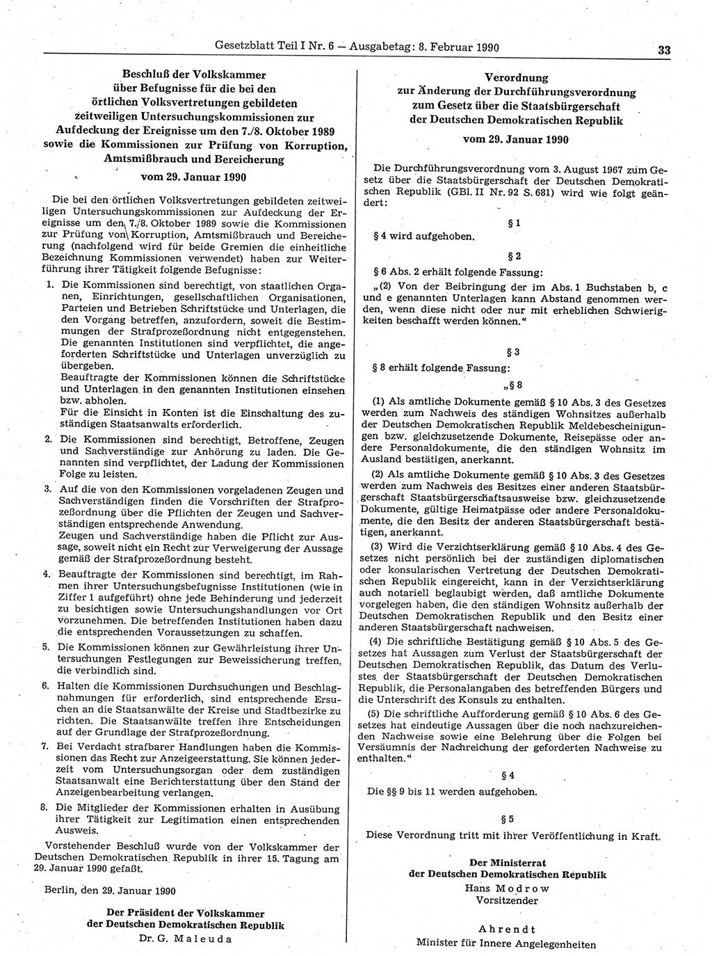 Gesetzblatt (GBl.) der Deutschen Demokratischen Republik (DDR) Teil Ⅰ 1990, Seite 33 (GBl. DDR Ⅰ 1990, S. 33)