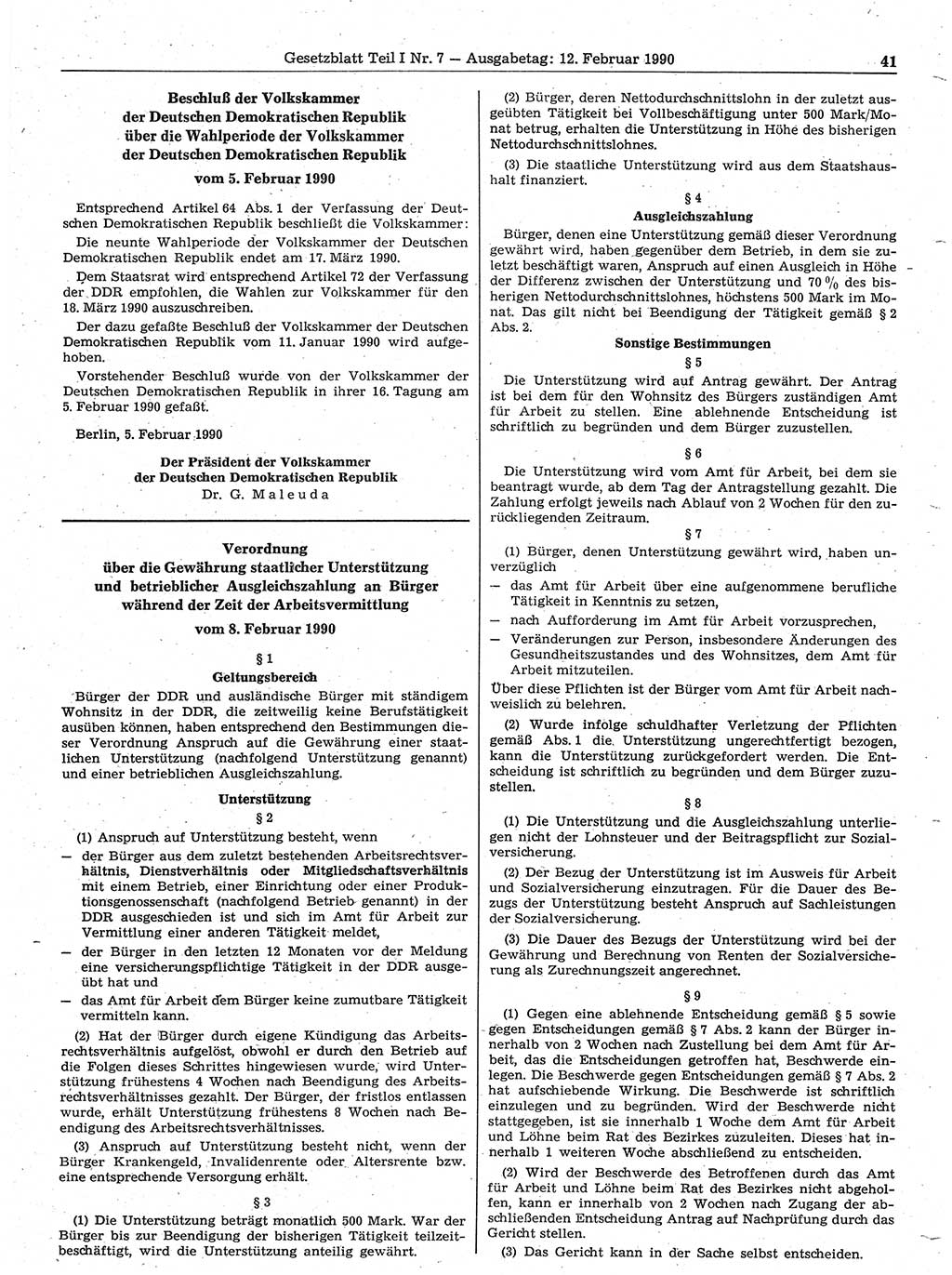 Gesetzblatt (GBl.) der Deutschen Demokratischen Republik (DDR) Teil Ⅰ 1990, Seite 41 (GBl. DDR Ⅰ 1990, S. 41)