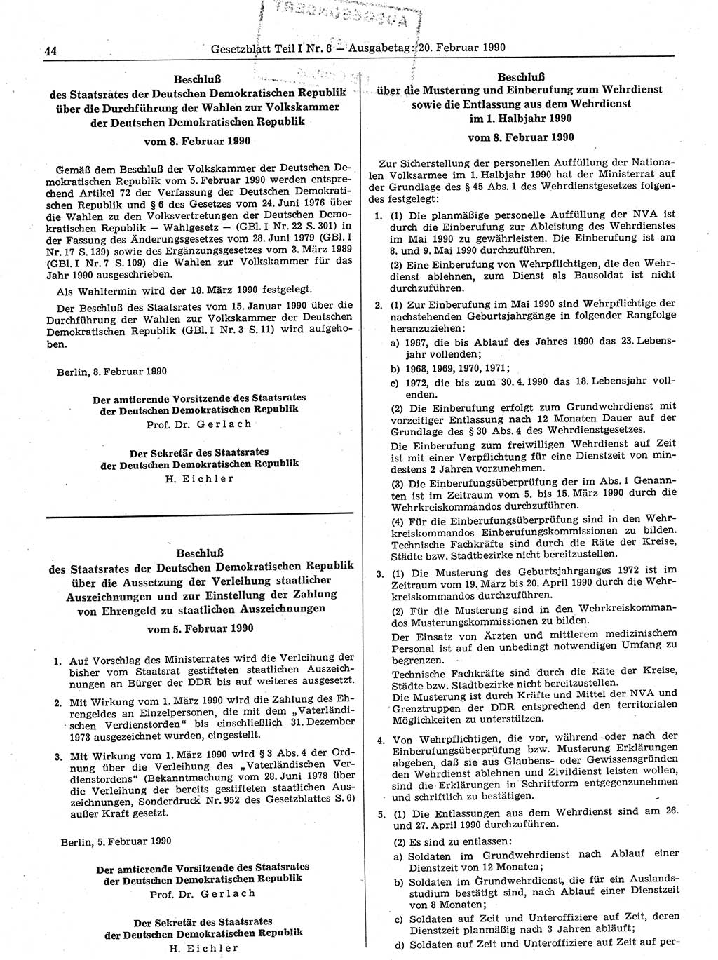 Gesetzblatt (GBl.) der Deutschen Demokratischen Republik (DDR) Teil Ⅰ 1990, Seite 44 (GBl. DDR Ⅰ 1990, S. 44)