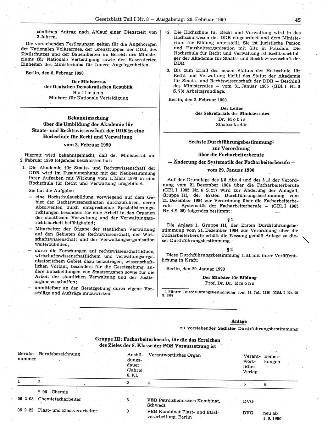 Gesetzblatt (GBl.) der Deutschen Demokratischen Republik (DDR) Teil Ⅰ 1990, Seite 45 (GBl. DDR Ⅰ 1990, S. 45)