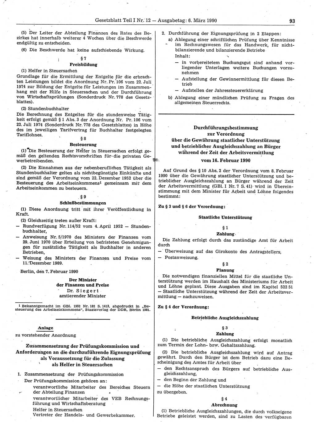 Gesetzblatt (GBl.) der Deutschen Demokratischen Republik (DDR) Teil Ⅰ 1990, Seite 93 (GBl. DDR Ⅰ 1990, S. 93)