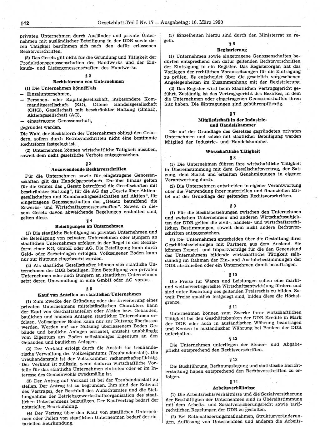 Gesetzblatt (GBl.) der Deutschen Demokratischen Republik (DDR) Teil Ⅰ 1990, Seite 142 (GBl. DDR Ⅰ 1990, S. 142)