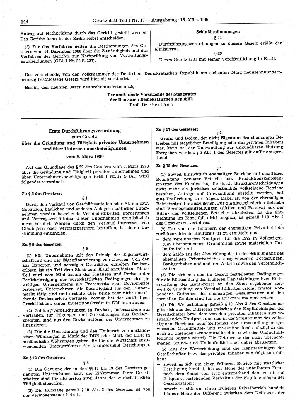 Gesetzblatt (GBl.) der Deutschen Demokratischen Republik (DDR) Teil Ⅰ 1990, Seite 144 (GBl. DDR Ⅰ 1990, S. 144)