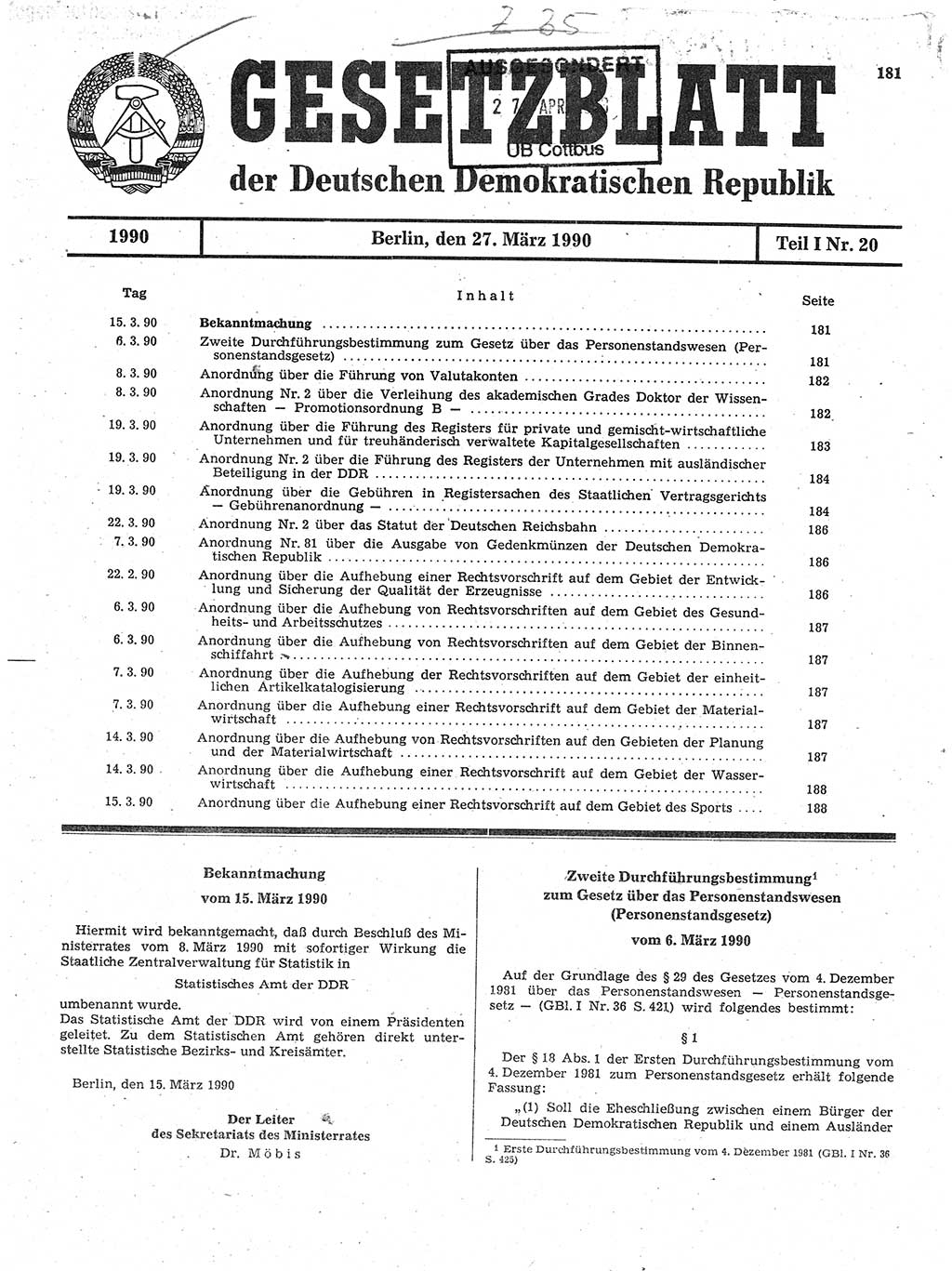 Gesetzblatt (GBl.) der Deutschen Demokratischen Republik (DDR) Teil Ⅰ 1990, Seite 181 (GBl. DDR Ⅰ 1990, S. 181)