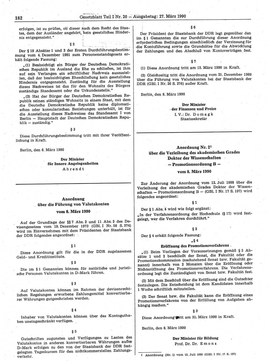 Gesetzblatt (GBl.) der Deutschen Demokratischen Republik (DDR) Teil Ⅰ 1990, Seite 182 (GBl. DDR Ⅰ 1990, S. 182)