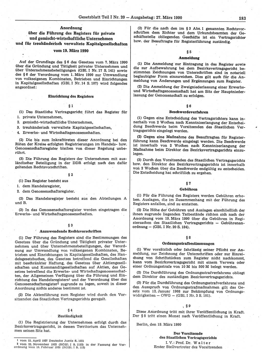 Gesetzblatt (GBl.) der Deutschen Demokratischen Republik (DDR) Teil Ⅰ 1990, Seite 183 (GBl. DDR Ⅰ 1990, S. 183)