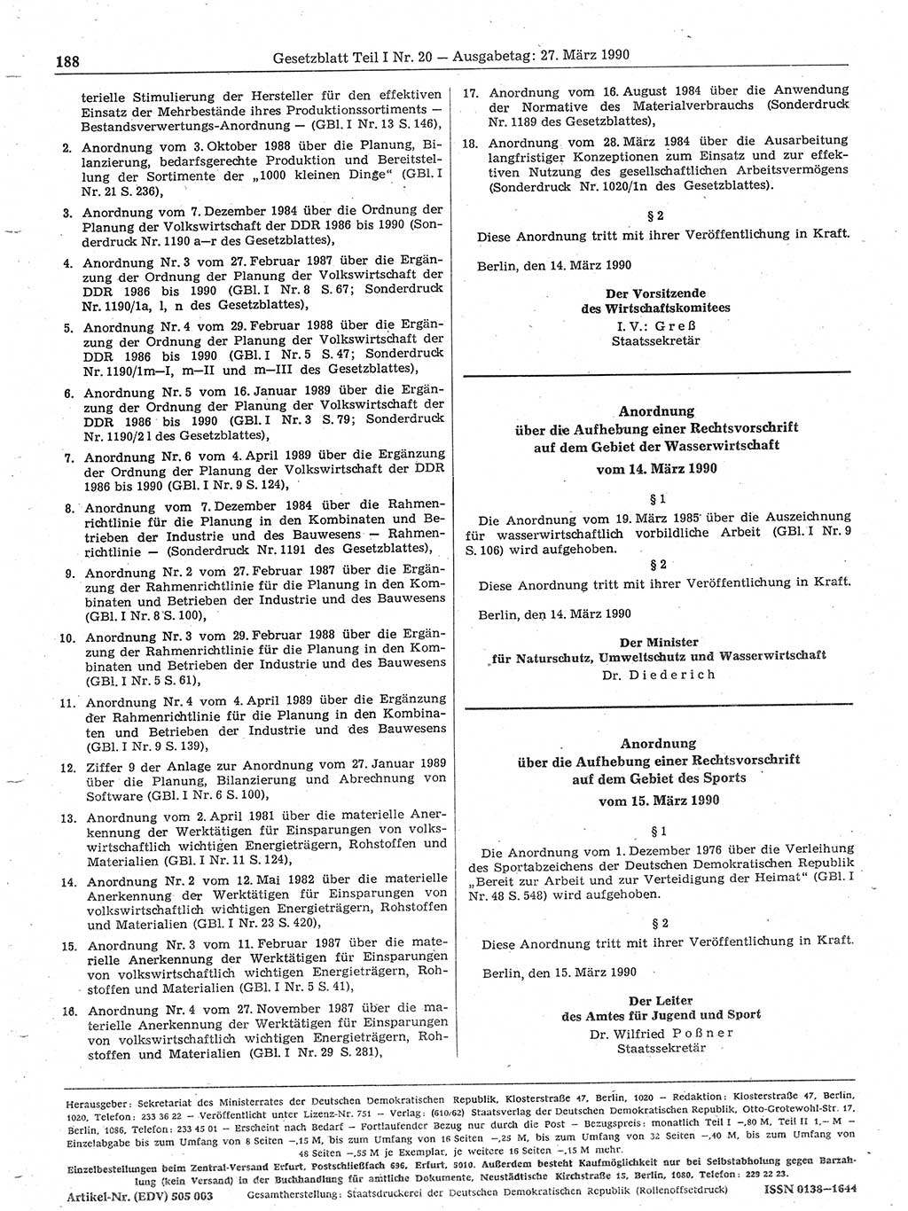 Gesetzblatt (GBl.) der Deutschen Demokratischen Republik (DDR) Teil Ⅰ 1990, Seite 188 (GBl. DDR Ⅰ 1990, S. 188)