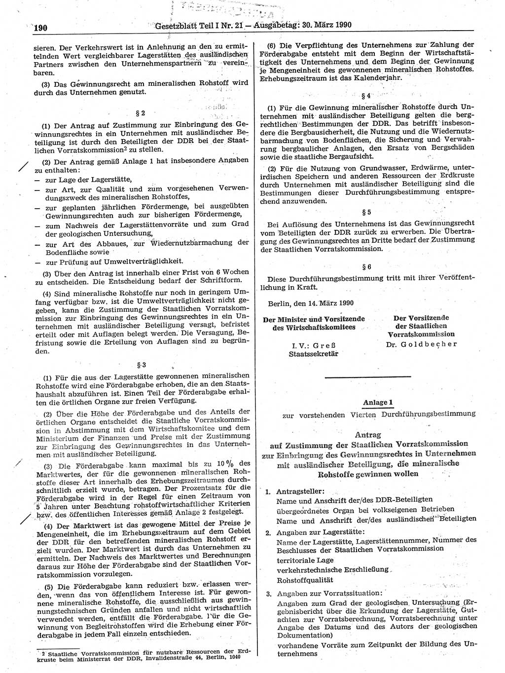 Gesetzblatt (GBl.) der Deutschen Demokratischen Republik (DDR) Teil Ⅰ 1990, Seite 190 (GBl. DDR Ⅰ 1990, S. 190)