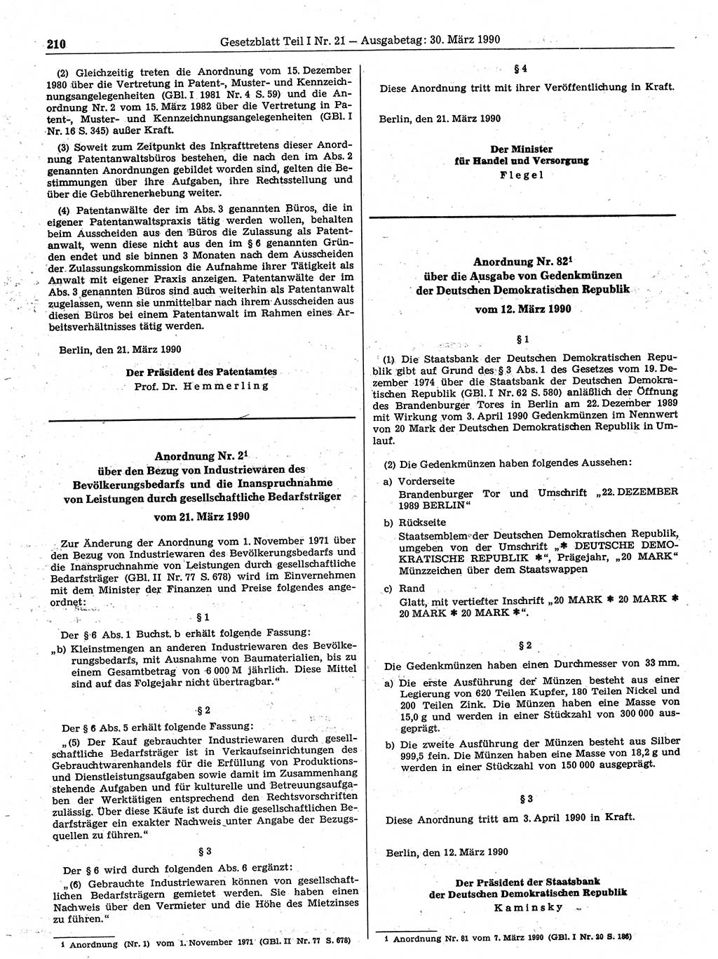Gesetzblatt (GBl.) der Deutschen Demokratischen Republik (DDR) Teil Ⅰ 1990, Seite 210 (GBl. DDR Ⅰ 1990, S. 210)