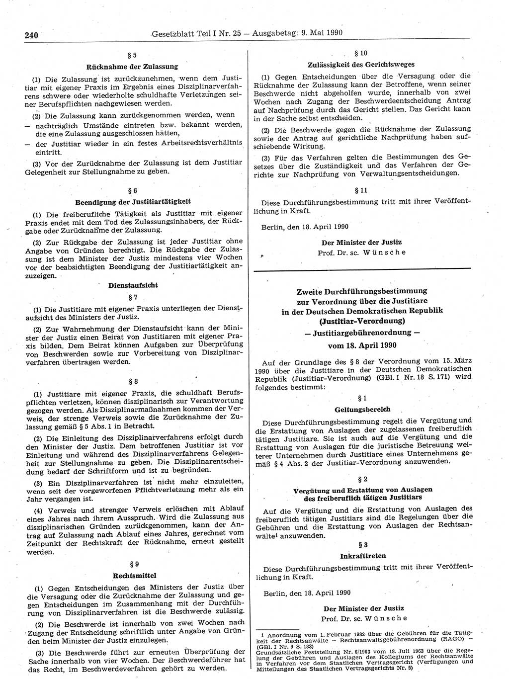 Gesetzblatt (GBl.) der Deutschen Demokratischen Republik (DDR) Teil Ⅰ 1990, Seite 240 (GBl. DDR Ⅰ 1990, S. 240)